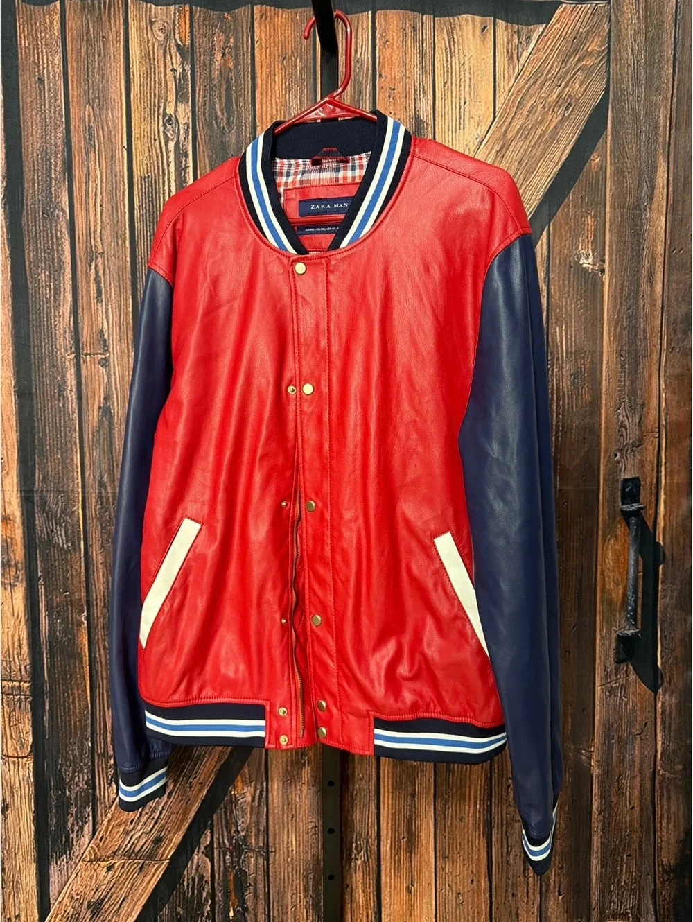 Zara Man XXL Red and Navy Leather Bomber Jacket